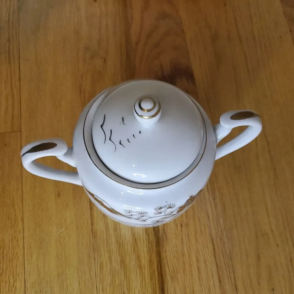 Kutani White & Platinum Hand Painted Sugar Bowl Kutani 1950s China Vintage